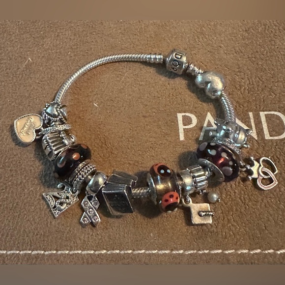 Pandora Jewelry - Authentic Pandora Silver and Black Charm Bracelet with 14 charms